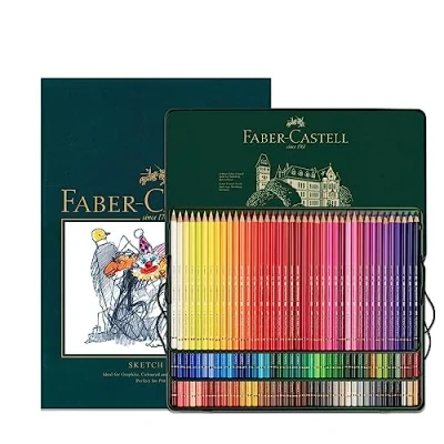 Imagen de Faber Castell Bloc de dibujo A4 y lata 120 lápices colores policromados para artistas, juego arte libros colorear adultos, suministros manualidades, dibujo, bocetos,