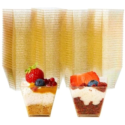 Imagen de MATANA 100 Vasitos de Postre Individuales Plástico Reutilizables con Brillo Dorado, 60ml Cuencos para Aperitivos, Mini Vasos Postres Catering, Fiestas, Bodas