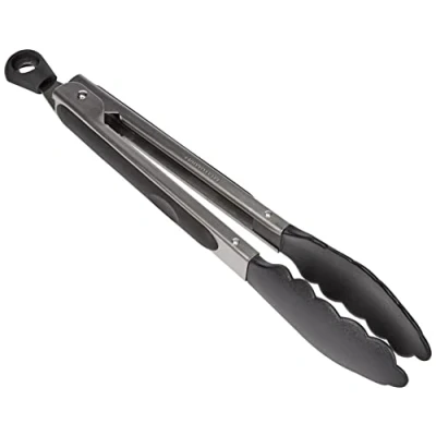 Imagen de Fackelmann Pinza Cocina acero inoxidable larga multiusos con palas nylon negro antiadherente para carne, 27x3,8cm, 1ud.
