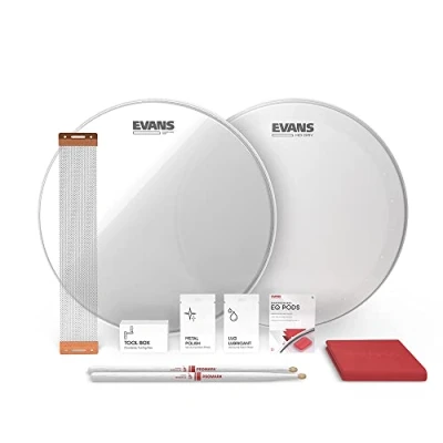 Imagen de Evans Kit de afinación tambor, cabezales tambor 13 pulgadas, resonantes HD secos y transparentes, cápsulas ecualización, cables caja, baquetas, accesorios