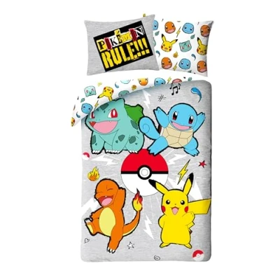 Imagen de Juego de cama Pokémon para niños, funda nórdica 140 x 200 cm + almohada, con salamèche, Bulbizarre, Carapuce y Pikachu