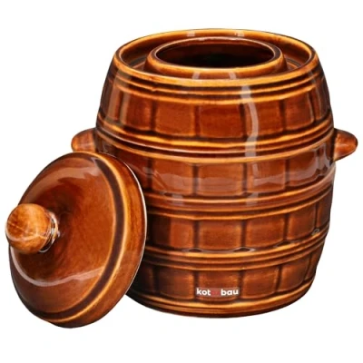 Imagen de KOTARBAU® Barril de gres con ranura/canal para agua y tapa, 5 L, Marrón, Jarrón Barro, Recipiente cerámica Asas, Olla Cocina fermentación, Tarro fermentar chucrut, kimchee