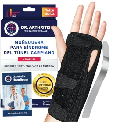 Imagen de Muñequera Túnel Carpiano con Férula Desarrollada por Médicos Metacarpiana Nocturna Ajustable a Cualquier Tamaño Almohadilla para una Mayor Comodidad Libro Manual Incluido [Negra]