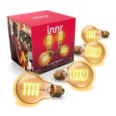 Imagen de innr Bombilla Inteligente E27, Zigbee, Funciona con Hue* y Alexa (requiere puente), Filament, Luz LED Blanca Cálida, Bombillas Regulables, Lampara, 550 Lúmenes Lote de 4