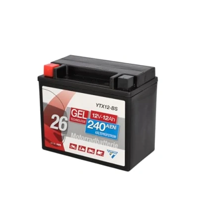 Imagen de batería de motocicleta CARTEC YTX12 BS, 10Ah, 180A, arranque con tecnología gel, calidad OEM, ciclo profundo, almacenable, sin mantenimiento