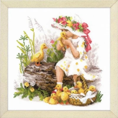 Imagen de Riolis Kreuzstichpackung Mädchen mit Entlein, Zählmuster Kit de Punto Cruz, algodón, Multicolor, 3030cm