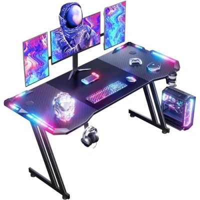 Imagen de HLONONE 160 x 60cm LED Mesa Gaming, Escritorio Gaming de Fibra Carbono Ergonómicas, Gamer con Portavasos y Gancho para Auriculares, Negro