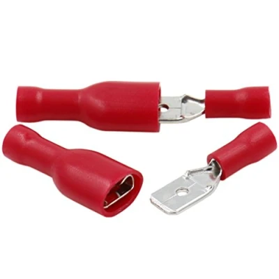 Imagen de Heschen Vinil de desconexiones rápidas macho/hembra totalmente aislado, FDFD+MDD1.25 250, terminal cable 6.3 x 0.8 mm, para 0.5 1.5 mm² (22 16 AWG), rojo, paquete 100 unidades