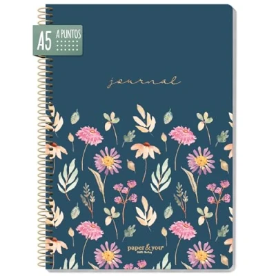 Imagen de paper&amp;you® Bullet Journal dotted A5 con espiral &quot;Flying Flowers&quot;, 160 páginas, cuaderno punteado espiral, de sostenible y respetuoso el medio ambiente