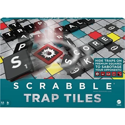 Imagen de Scrabble Games Trap Tiles Juego de Mesa Familiar con trampas, gatillo, bastidores, Bolsas Azulejos, Regalo para Adolescentes Adultos o Familiares a Partir 10 años