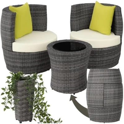 Imagen de TecTake® Conjunto Jardín Exterior de Ratán y Aluminio, Muebles Resistente a la Intemperie, 2 Sillas con Cojines, Mesa Cristal, Compacto, Asas en Respaldo Compacto Gris