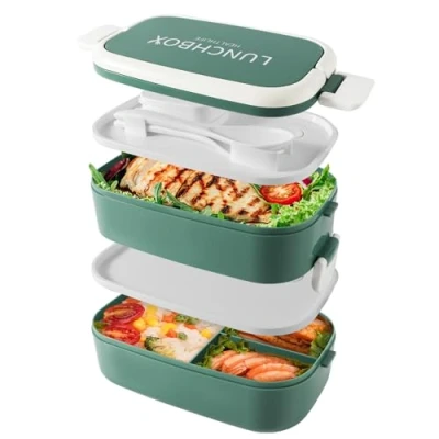 Imagen de Beeptrum Fiambrera Bento Apilable,Envases de 1500ml con 4 Compartimentos y Cubiertos, Cajas 2 Capas a Prueba Fugas, para Adultos Niños Oficina, Apta Microondas Lavavajillas (Verde)