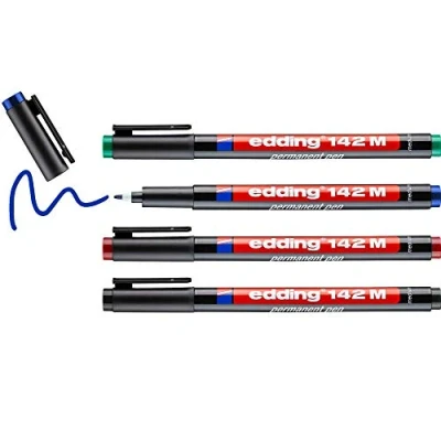 Imagen de edding 142 M rotulador permanente juego de 4 multicolor punta redonda 1mm para escribir sobre cristal plástico láminas y superficies lisas secado rápido no mancha impermeable