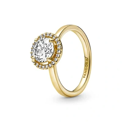 Imagen de Pandora Timeless Anillo con halo redondo centelleante chapado en oro de 14 quilates circonitas cúbicas transparentes, talla 56