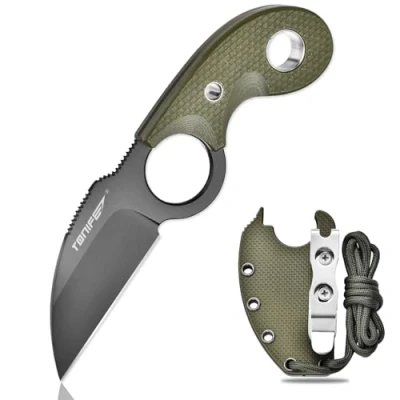 Imagen de TONIFE Crescent Cuchillo de Cuello al Aire Libre Hoja Fija 8Cr14MoV Acero con Funda Cordón y el Clip Full Tang Supervivencia (Verde+Gris Titanio)