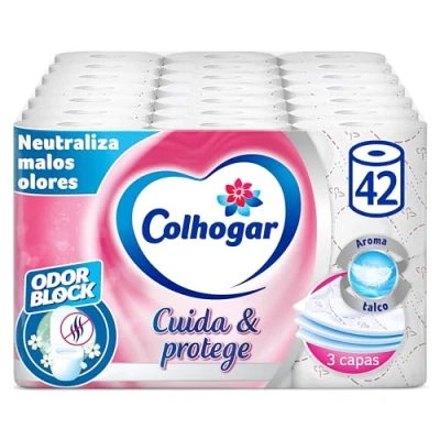 Imagen de Colhogar Protect Cuida&amp;Protege Odor Block 7x6 Papel Higiénico Suave y Resistente Paquete com 42 rollos 3 Capas color blanco con una fragancia talco