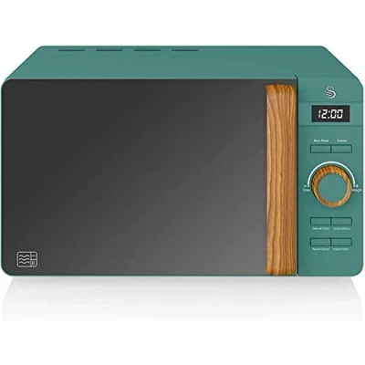 Imagen de Swan Nordic Microondas digital 20L, 6 Niveles Funcionamiento, 800W Potencia, Temporizador 30 min, Fácil Limpieza, Modo Descongelar, Diseño Moderno, Tirador Efecto Madera, Verde Mate