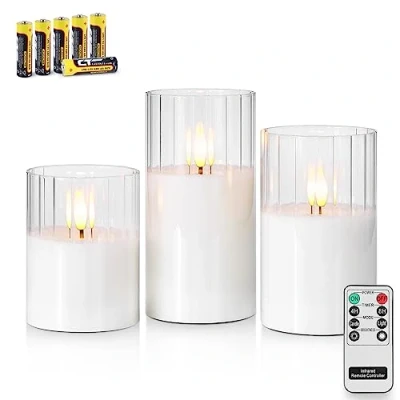 Imagen de Rhytsing 3 Velas led de Cristal Rayas Verticales Transparentes con Mando a distancia, Pilas Temporizador Decorativas para Bodas e Iglesias, Altura 10cm / 12,5cm 15cm (Transparentes)