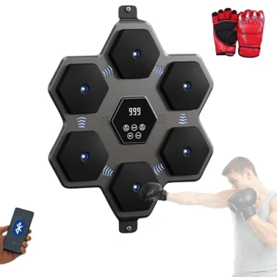 Imagen de Máquina de Boxeo Musical, Equipo Entrenamiento para Pared Poliuretano, Almohadilla con LED Guantes Boxeo, Bluetooth, Luces al Ritmo la Música. (2 Modos, 45x45x5 cm)