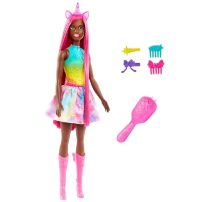 Imagen de Barbie Muñeca Morena Unicornio con Pelo Extra Largo Rosa, Conjunto arcoíris y Accesorios para peinar, de la Serie Un Toque Magia, Juguete +3 años (Mattel HRR01)