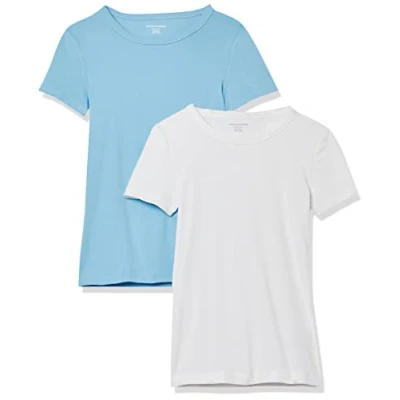 Imagen de Amazon Essentials Camiseta de Cuello a la Caja Manga Corta y Ajuste Entallado Mujer, Pack 2, Blanco/Azul Claro, S