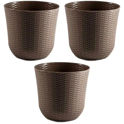 Imagen de AC Pack de 3 macetas Redonda Fabricación en plástico Diseño Rattan Ideal como macetero, Tiesto, Recipiente para Plantas, Flores, balcón, terraza, jardín Ø 33 cm Color Topo