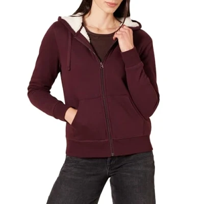Imagen de Amazon Essentials Chaqueta en felpa y forro de borreguillo con capucha cremallera completa (disponible tallas grandes) Mujer, Burdeos, XS
