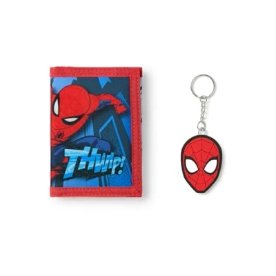 Imagen de Marvel Cartera con Velcro para niño Spiderman Tríptico Roja &#039;THWIP!&#039; Impresión gráfica niños Tarjetero y Efectivo Llavero máscara de