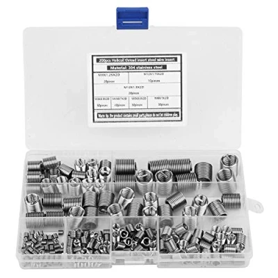 Imagen de Insertos roscados, 200 piezas Inserto de reparación roscas acero inoxidable 304 Juego tornillos autorroscantes rosca interior surtido M3 M4 M5 M6 M8 M10 M12