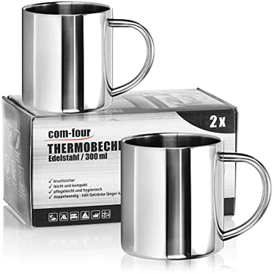 Imagen de COM FOUR® 2x taza térmica aislante de doble pared acero inoxidable 300 ml camping irrompible para beber café sin BPA (300ml)
