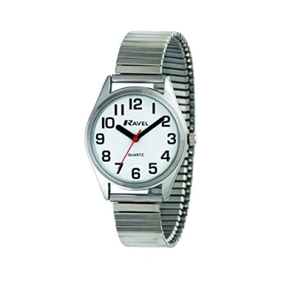 Imagen de Ravel Reloj Unisex Pulsera de Acero Inoxidable con Grandes números y Agujas Tono Plateado/Esfera Blanca