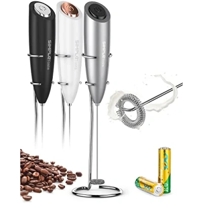 Imagen de Espumador de Leche Eléctrico mano, con Soporte Acero Inoxidable, Batidor Café Latté Capuchino 2 pilas AA (incluidas) Gris