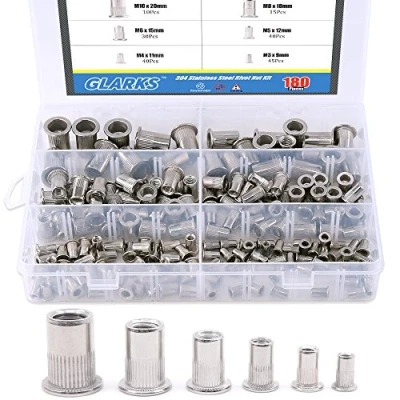 Imagen de Glarks Kit de tuercas remache con rosca cabeza plana acero inoxidable 304, M3, M4, M5, M6, M8 y M10, 180 unidades