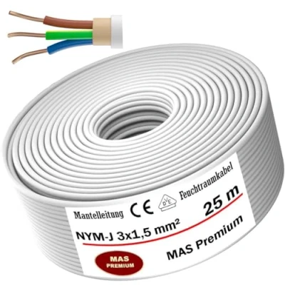 Imagen de MAS Premium cable de alimentación para ambientes húmedos, 5 200 m, NYM J 3 x 1, 5, 2,5, 4, 6 o 10, anillo eléctrico instalación fija (NYM mm², 25 m)