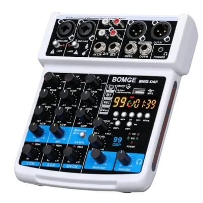 Imagen de Mini mezclador de sonido audio para DJ 4 canales BOMGE con MP3, USB, Bluetooth, grabación estéreo, alimentación fantasma 48 V, 24 DSP white