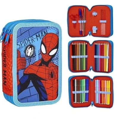Imagen de Plumier con Accesorios de Spiderman Color Rojo y Azul 12,5x6,5x18,5 cm Fabricado en Poliéster Triple Compartimento Cierre Cremallera Producto Original Diseñado España