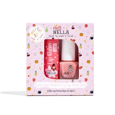 Imagen de Miss Nella Nail Polis + lip balm set Special PEACH Glitter Polish for Kids SLUSHIE, with Peel off, Water Based &amp; Odour Free Formula BUTTER CHEEKS pink hypoallergenic