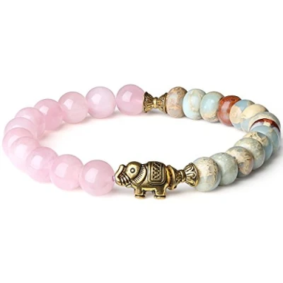 Imagen de COAI Pulsera para Mujer con Cuentas de Cuarzo Rosa y Variscite Amuleto Elefante