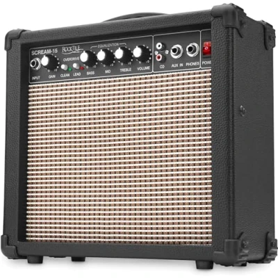 Imagen de Rocktile Scream 15 Amplificador para guitarra mini combo Amp de vatios, 2 canales Portátil, entrada AUX MP3/CD, ecualizador 3 bandas Conexión auriculares