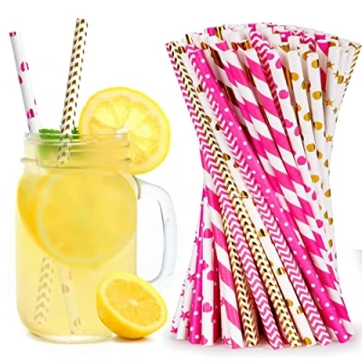 Imagen de Vicloon Paja de Papel, 100PCS Pajita 2 Colores Pajitas Fiesta Papel Utilizado para Cumpleaños, Bodas, Navidad, Biodegradables, Oro Caliente + Rosa
