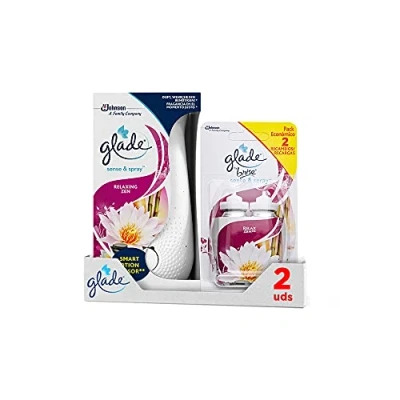Imagen de Glade® Ambientador Automático Sense &amp; Spray con Sensor de Movimiento, Fragancia Relax Zen, Pack Difusor + 3 Recambios Incoloro