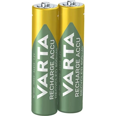Imagen de VARTA Pilas AAA, recargables, paquete de 2, Recharge Accu Recycled, batería recargable, 800 mAh Ni MH, fabricadas con un 21% materiales reciclados, precargadas, listas para usar