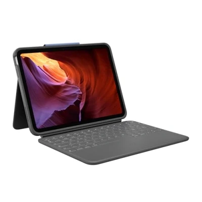 Imagen de Funda con teclado Logitech Rugged Folio para iPad (10.ª generación), Resistente a caídas/agua, Cuatro modos de uso, Smart connector, Gris