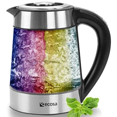 Imagen de Hervidor de agua cristal, 1,7 litros, 2200 W, acero inoxidable con selección temperatura, función mantenimiento en caliente, iluminación LED cambio color