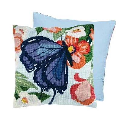 Imagen de Trimits Kit de cojín media puntada, parte trasera incluida, lienzo preimpreso, hilo y aguja, 40 x cm, mariposa