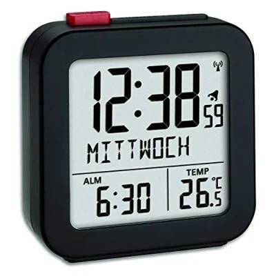 Imagen de TFA Dostmann 60.2558.01 Despertador inalámbrico para Control del Clima Interior, Alarma con repetición, día de la Semana (10 Idiomas), Color Negro, L 72 x B 27 H 77 mm