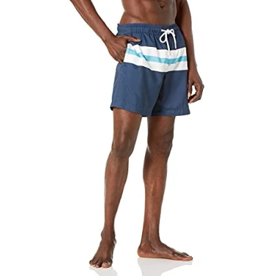Imagen de Amazon Essentials Bañador de Secado Rápido 18 Cm Hombre, Azul Marino Blanco Rayas, S