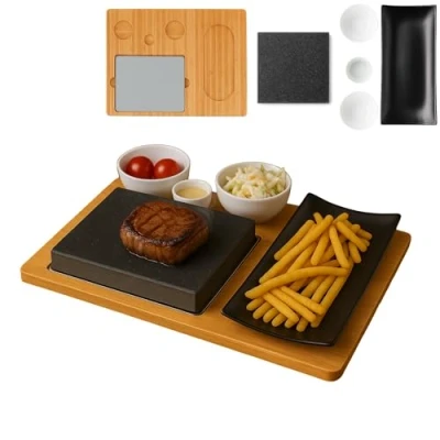 Imagen de tabla para carne, de servir piedra volcánica, bambú con parrilla caliente, placa piedra, juego barbacoa mesa