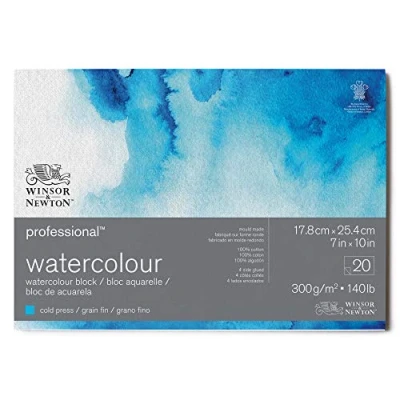 Imagen de Winsor &amp; Newton Papel de Acuarela Profesional, Grano Fino, 300gr, 100% Algodón, Blanco Natural, Libre Ácidos, 17,8X25,4CM, Bloc Encolado en los 4 Lados, 20 Hojas