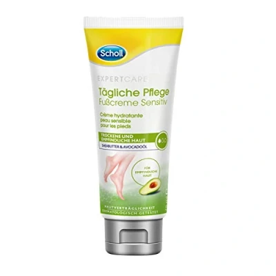 Imagen de Scholl Expertcare Crema diaria para pies Sensitiv con manteca de karité y aceite aguacate, tolerancia cutánea dermatológicamente confirmada, sin perfume, rápida absorción, no grasa, 75 ml